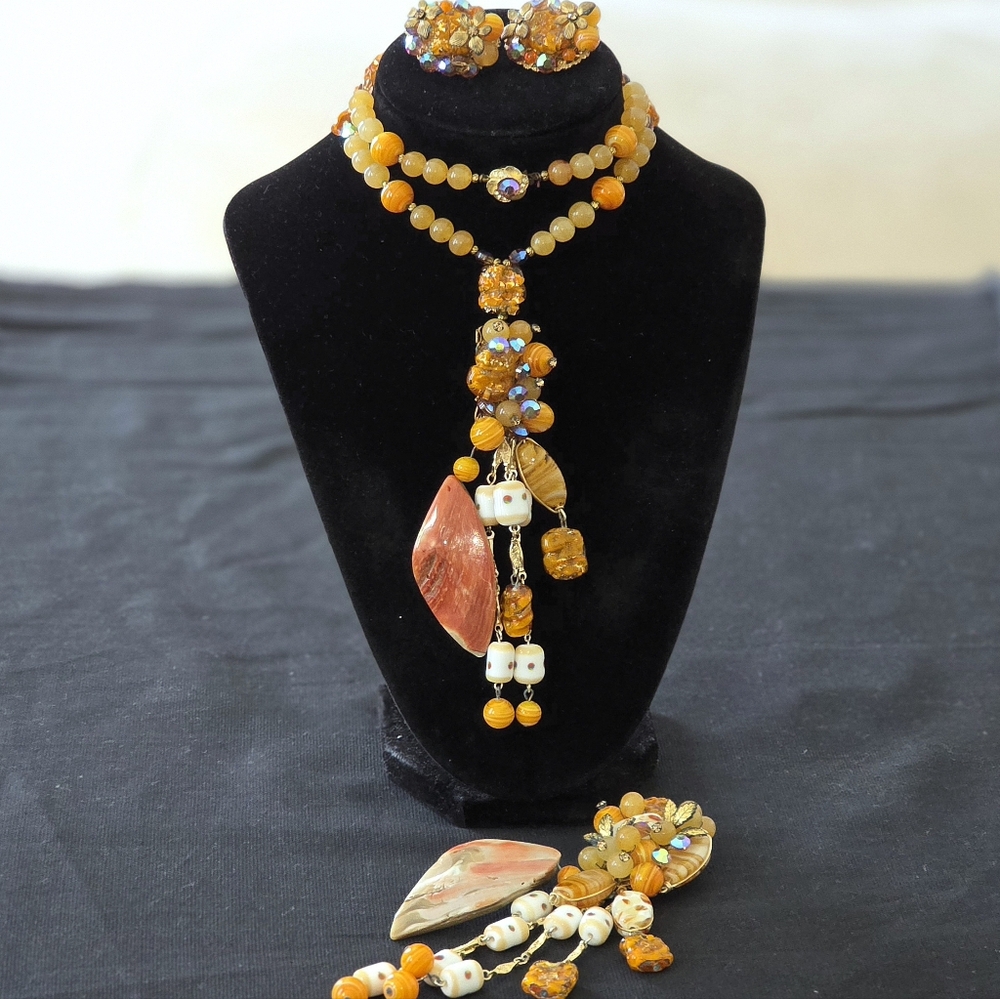 VTG HTF Orange Art Glass Shell AB Bead Necklace Earrings Brooch Set Statement